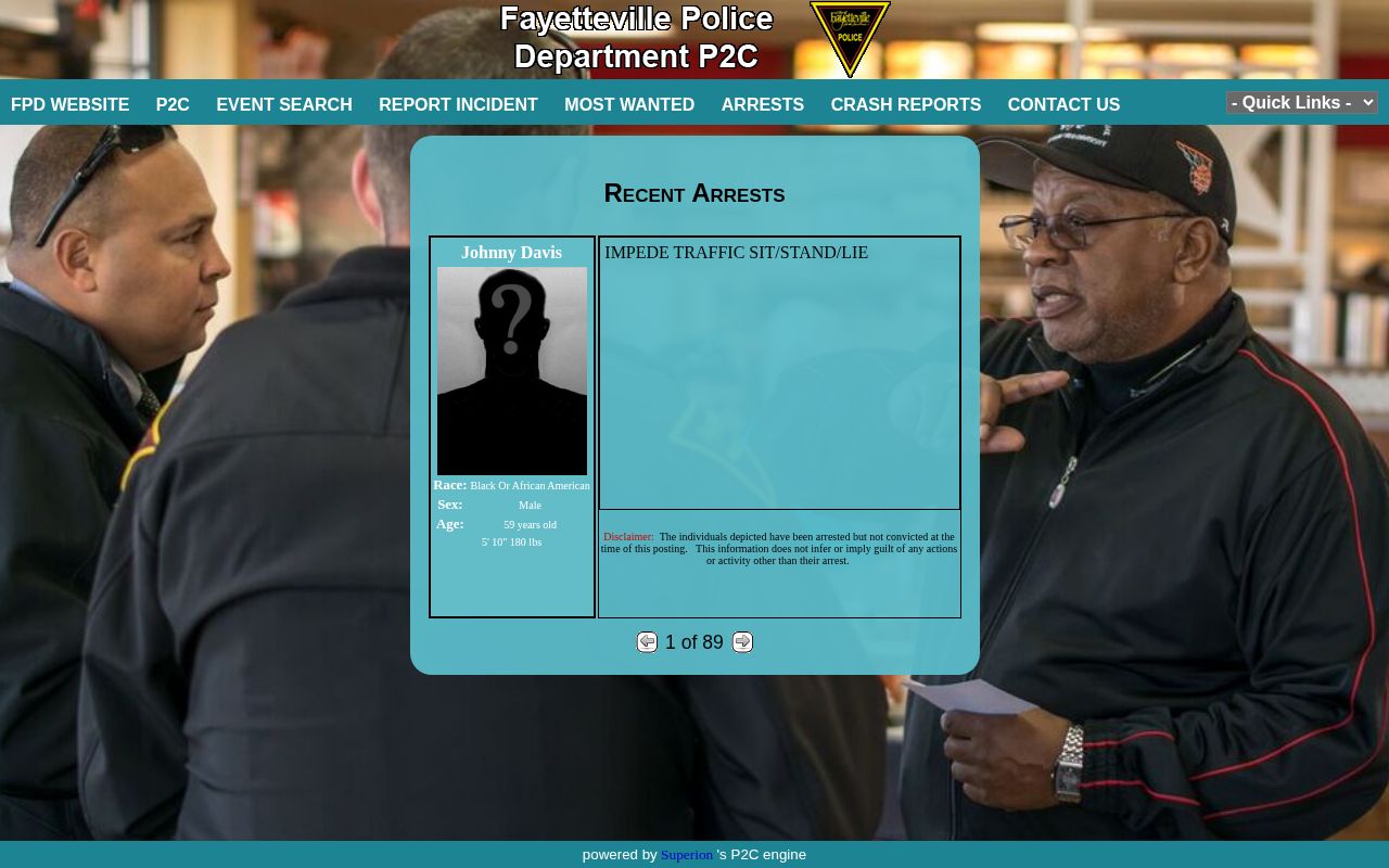 Official Fayetteville Police P2C recent arrest search interface