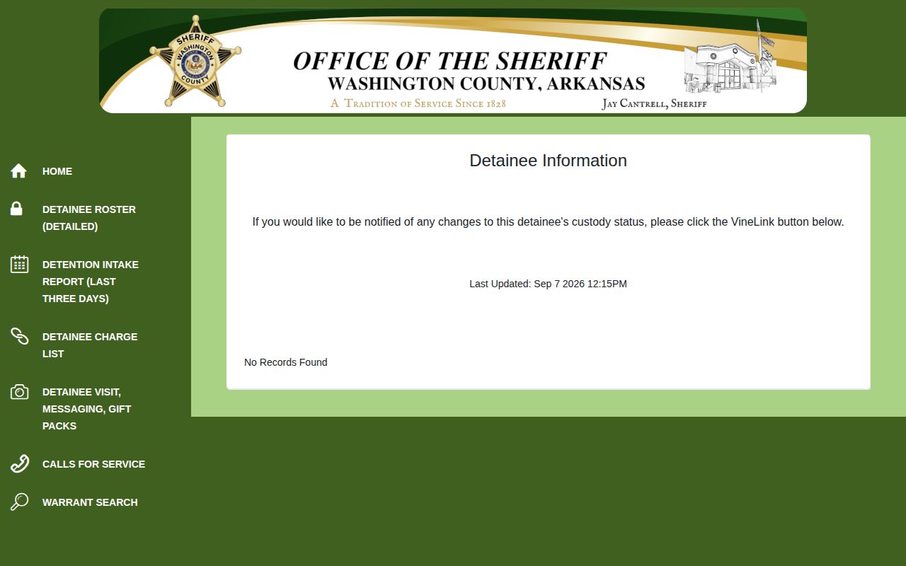 Washington County arrest record detail with booking status and mugshot field