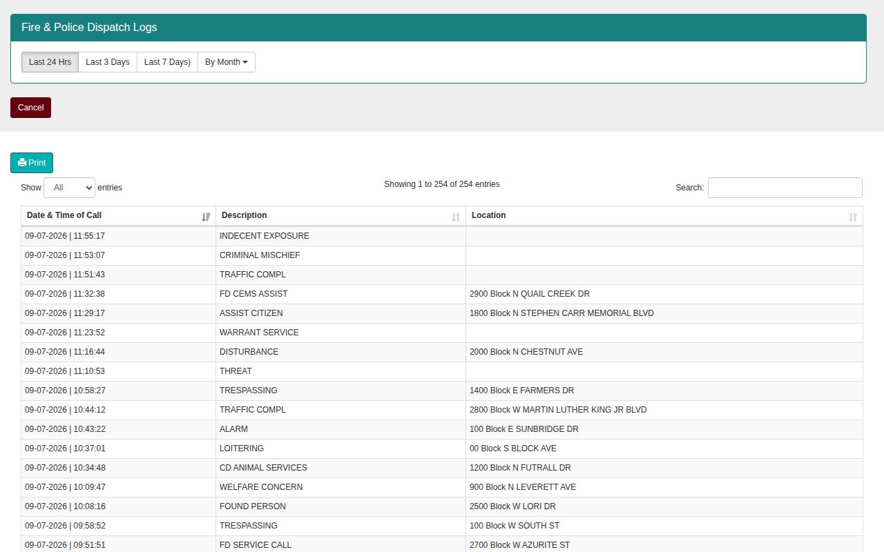 Fayetteville Police and Fire Dispatch Logs time-range interface