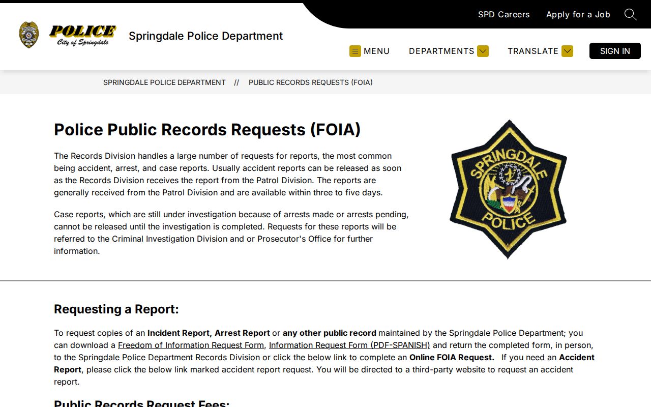 Springdale Police public records and FOIA page