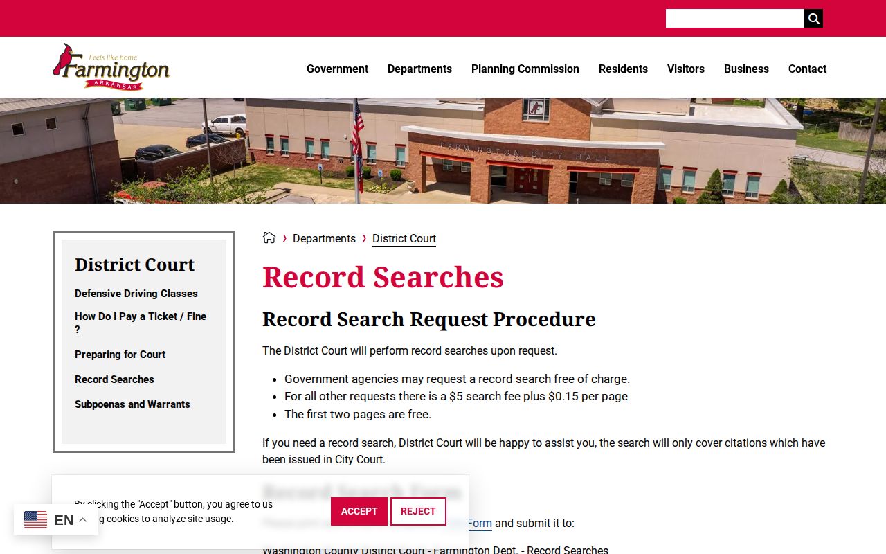 Farmington District Court official record search guidance